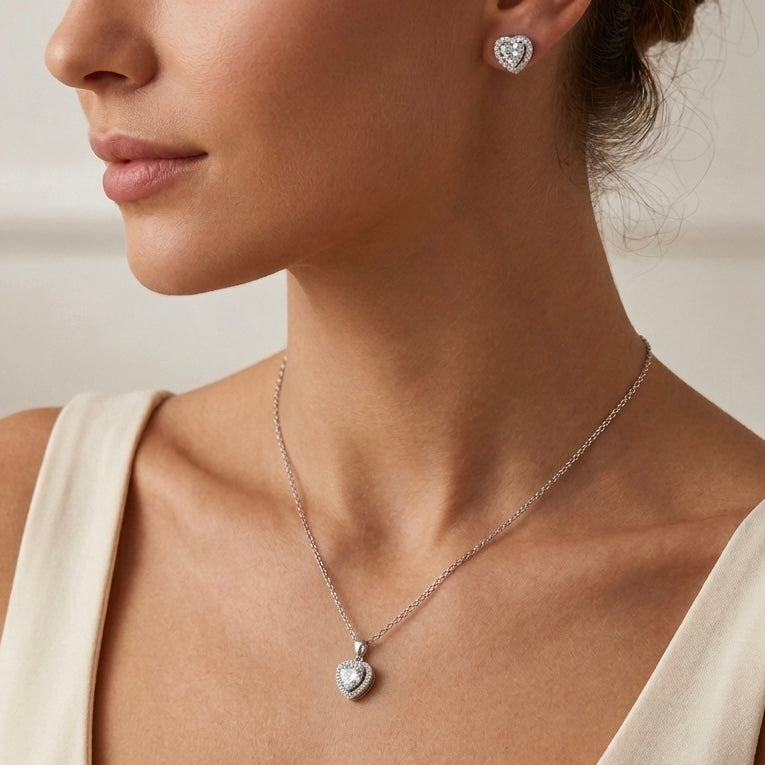 Set Bijuterii „Eternal Love” – Colier și Cercei Inimă cu Cristale Zirconia