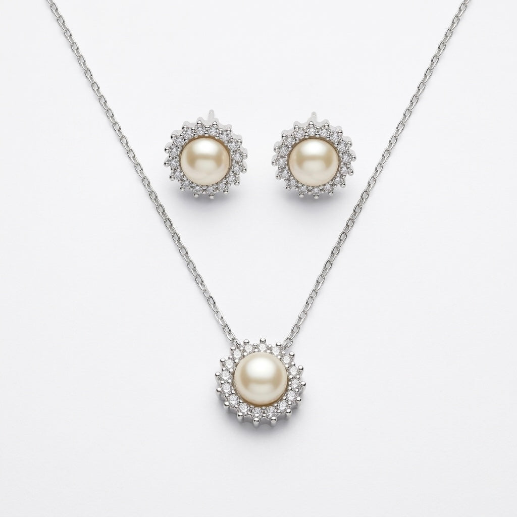 Set Bijuterii din Argint 925 Placat cu Aur – Pandantiv și Cercei cu Perle