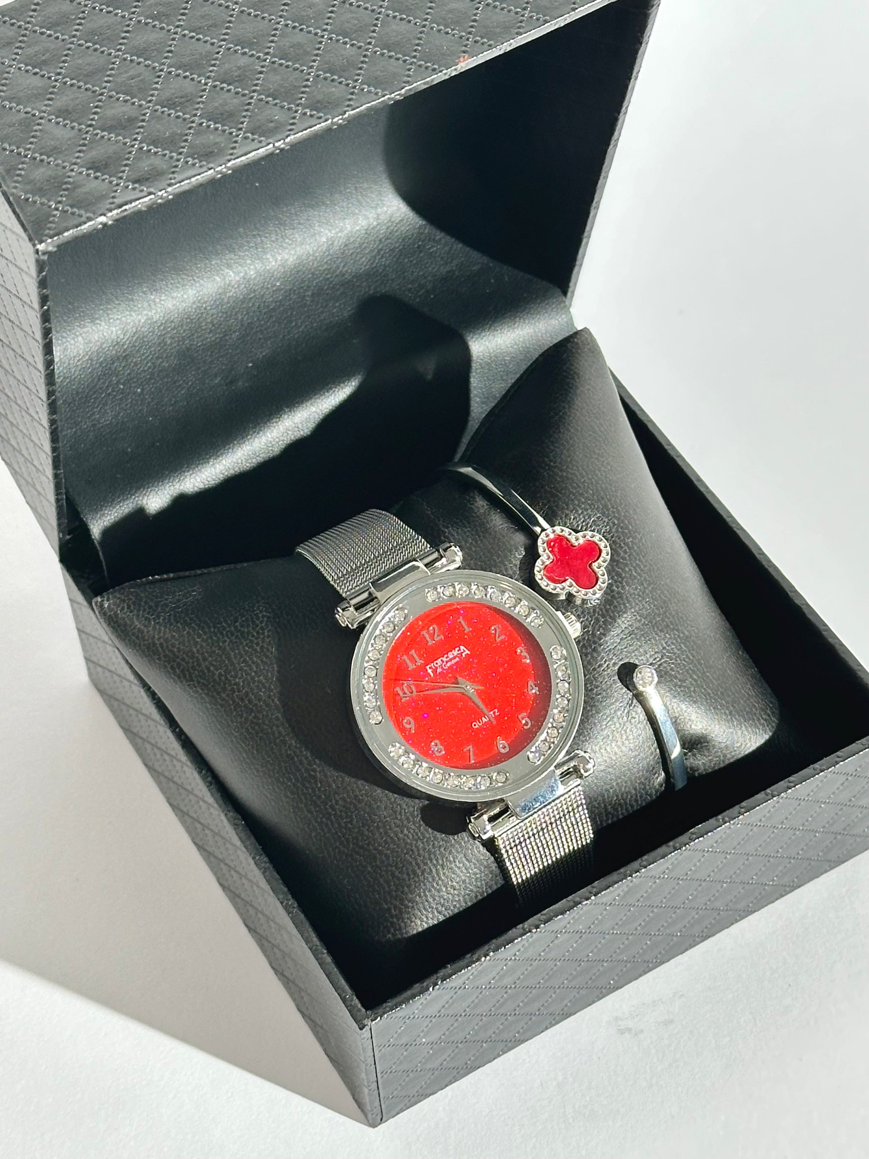 ⌚✨ Set Ceas Elegant cu Brățară Trifoi Roșu – Cadou Inclus