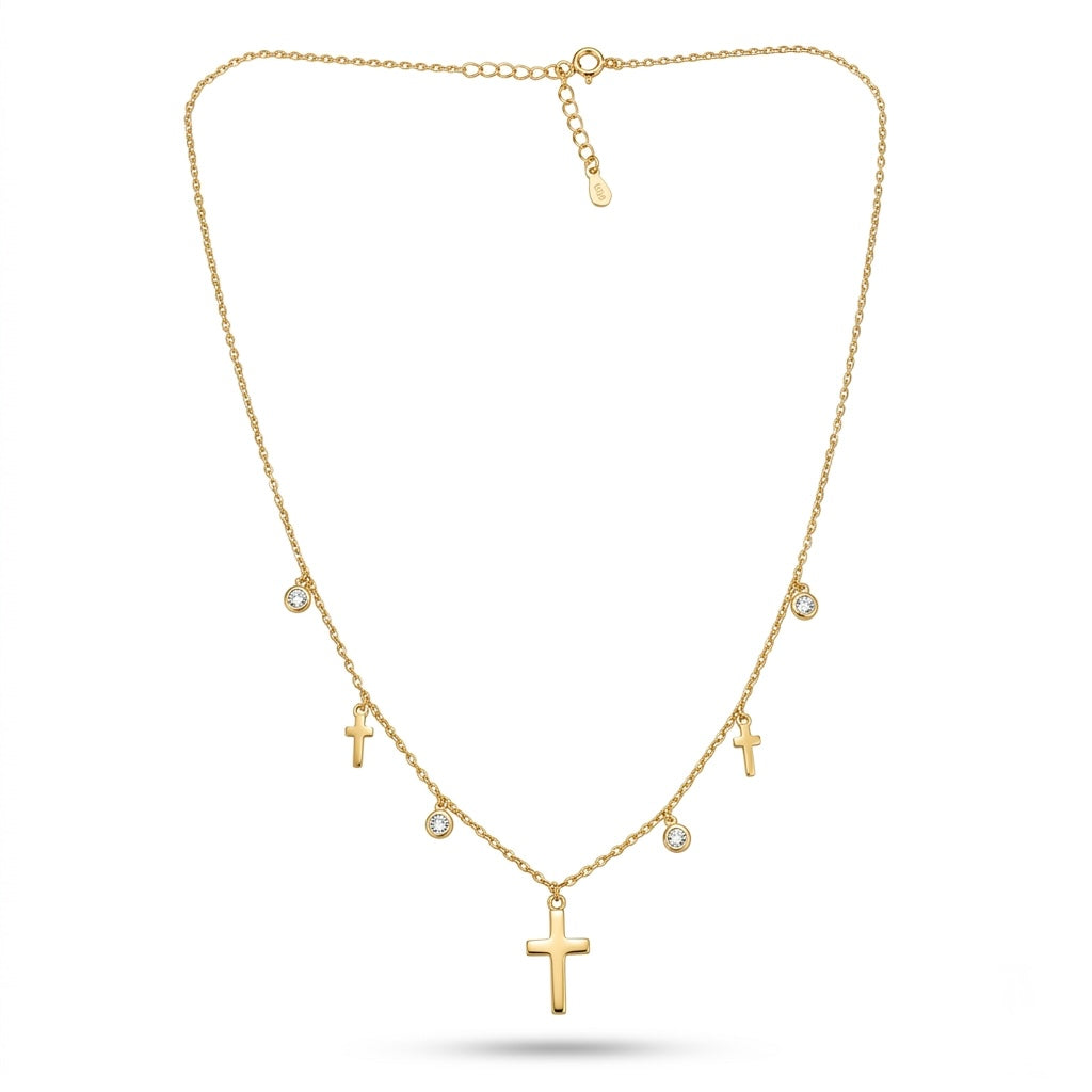 Colier elegant din argint suflat cu aur cu pandantive cruce și zirconiu