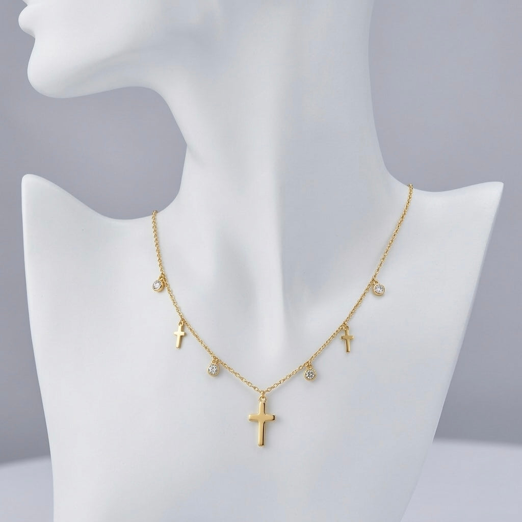 Colier elegant din argint suflat cu aur cu pandantive cruce și zirconiu