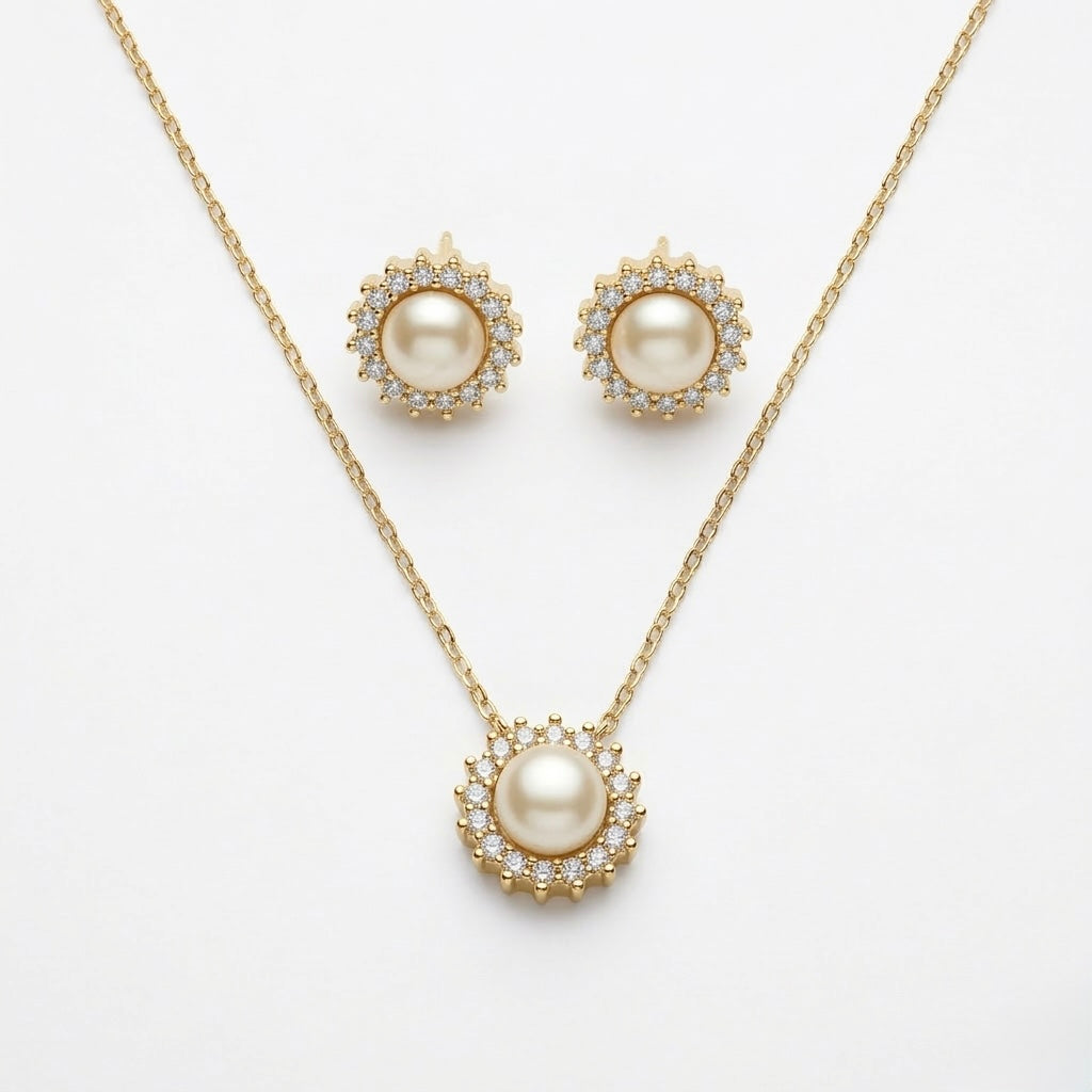 Set Bijuterii din Argint 925 Placat cu Aur – Pandantiv și Cercei cu Perle