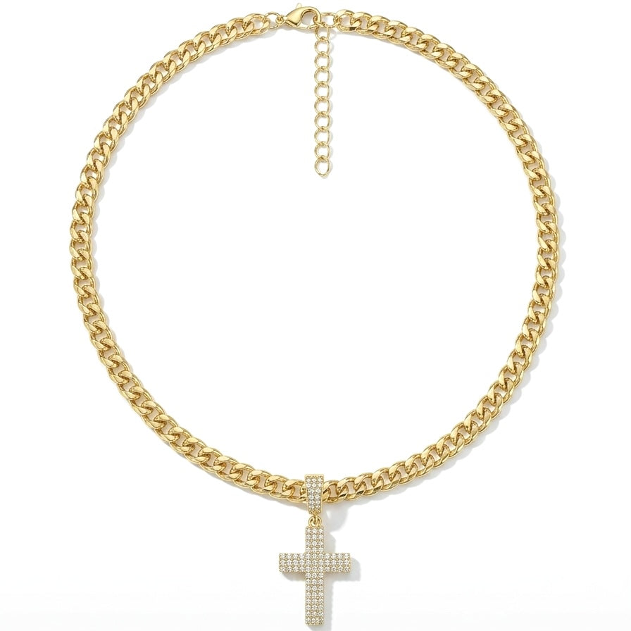 Colier Placat cu Aur 18K Pandantiv Cruce cu Cristale