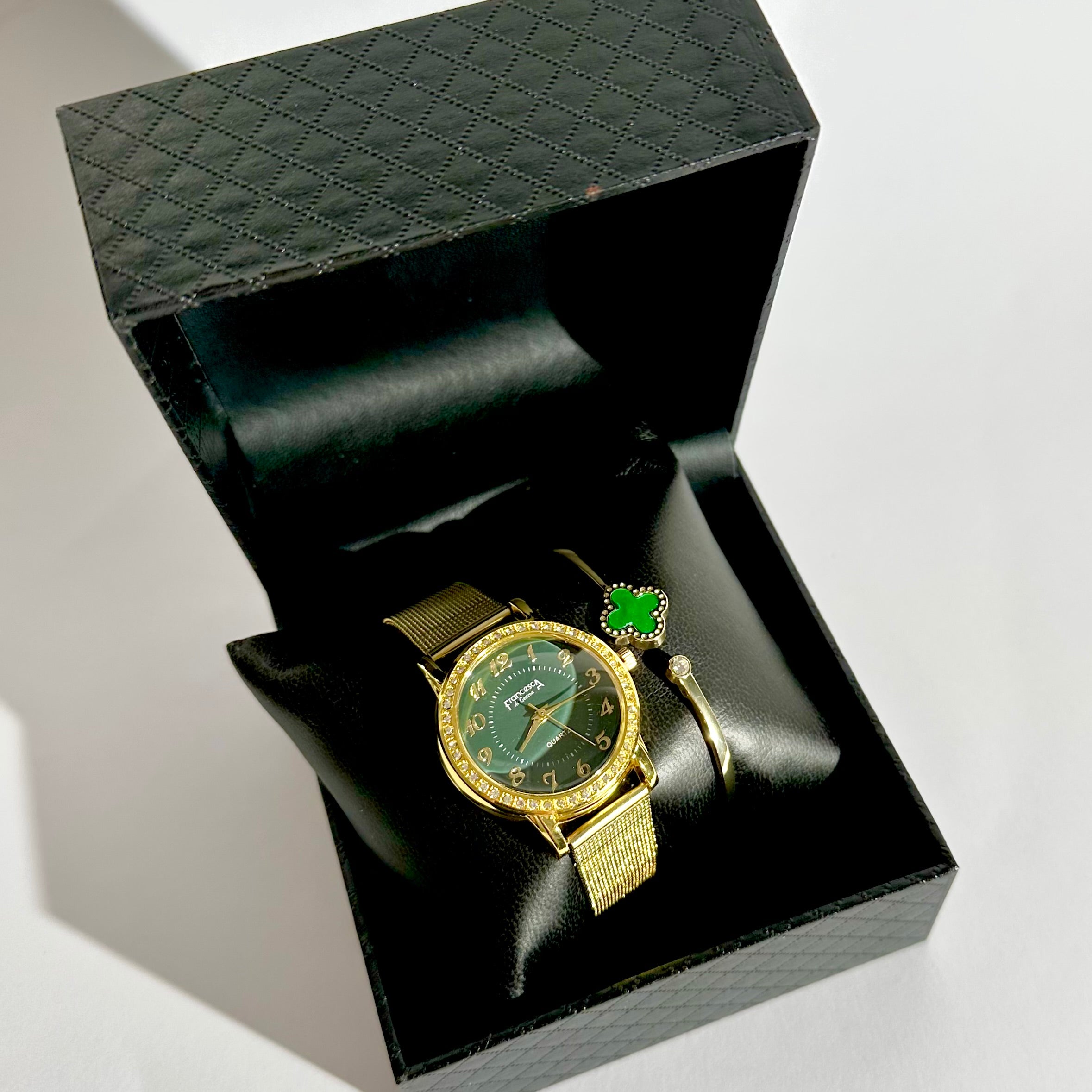 ⌚✨ Set Ceas Elegant Gold & Brățară cu Trifoi Verde Cadou